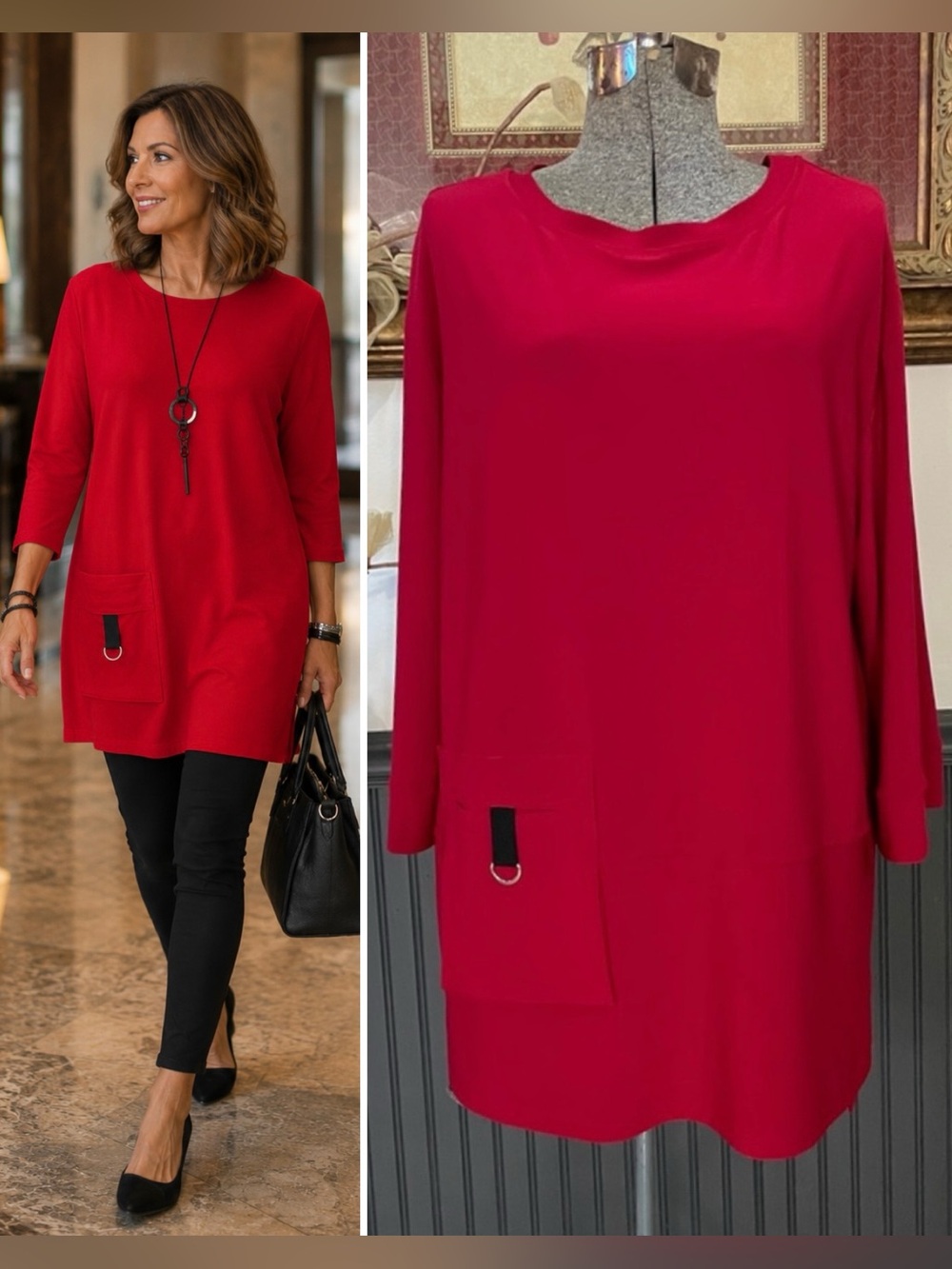 Compli K Red D-Ring Patch Pocket Modern Art-to-Wear Tunic Top Sz M 🧡🎀